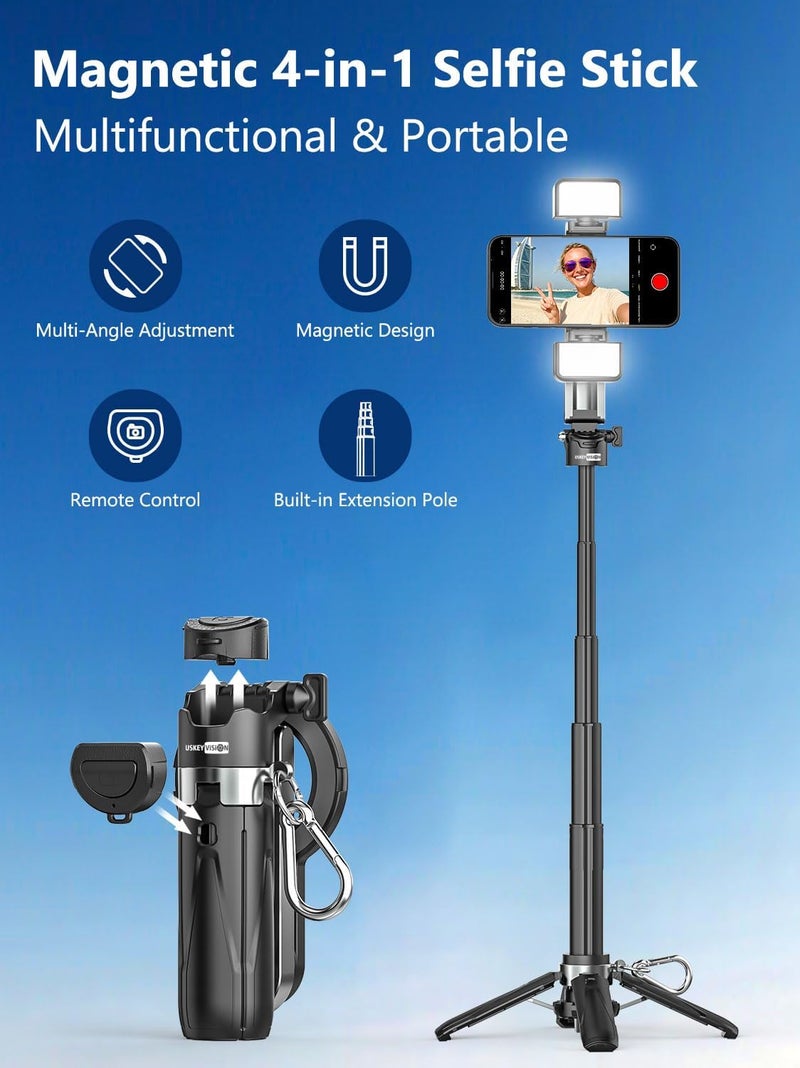 USKEYVISION Magnetic Pocket Selfie Stick for iPhone with Light for MagSafe 4 in 1 Portable Pocket Phone Tripod for iPhone & Android W/Rechargeable Remote, Removable Phone Clip, Video Recording(MPT-02) - Image 3